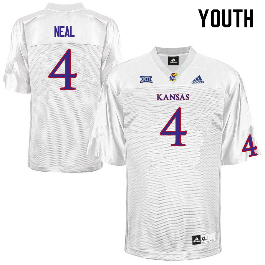 Youth #4 Devin Neal Kansas Jayhawks College Football Jerseys Sale-White - Click Image to Close